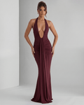 Aurelia Maxi Dress in burgundy, featuring stretch jersey, halter neck, and a body-skimming silhouette by Lauven.