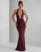 Aurelia Maxi Dress in burgundy, featuring stretch jersey, halter neck, and a body-skimming silhouette by Lauven.
