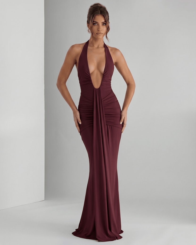 Aurelia Maxi Dress in burgundy, featuring stretch jersey, halter neck, and a body-skimming silhouette by Lauven.
