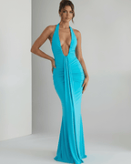 Aurelia Maxi Dress in vibrant blue, featuring a halter neck, ruching, and made from smooth stretch jersey fabric.