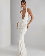 Aurelia Maxi Dress in smooth stretch jersey with halter neck and body-skimming silhouette by Lauven.