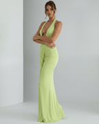 Aurelia Maxi Dress in vibrant green stretch jersey, halter neck design, body-skimming silhouette by Lauven.