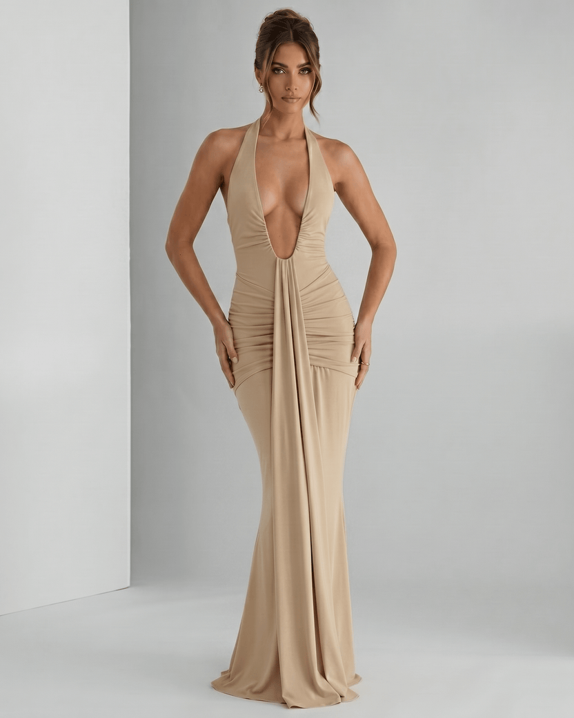 Aurelia Maxi Dress in stretchy jersey fabric, featuring a halter neck and elegant ruching, by Lauven.