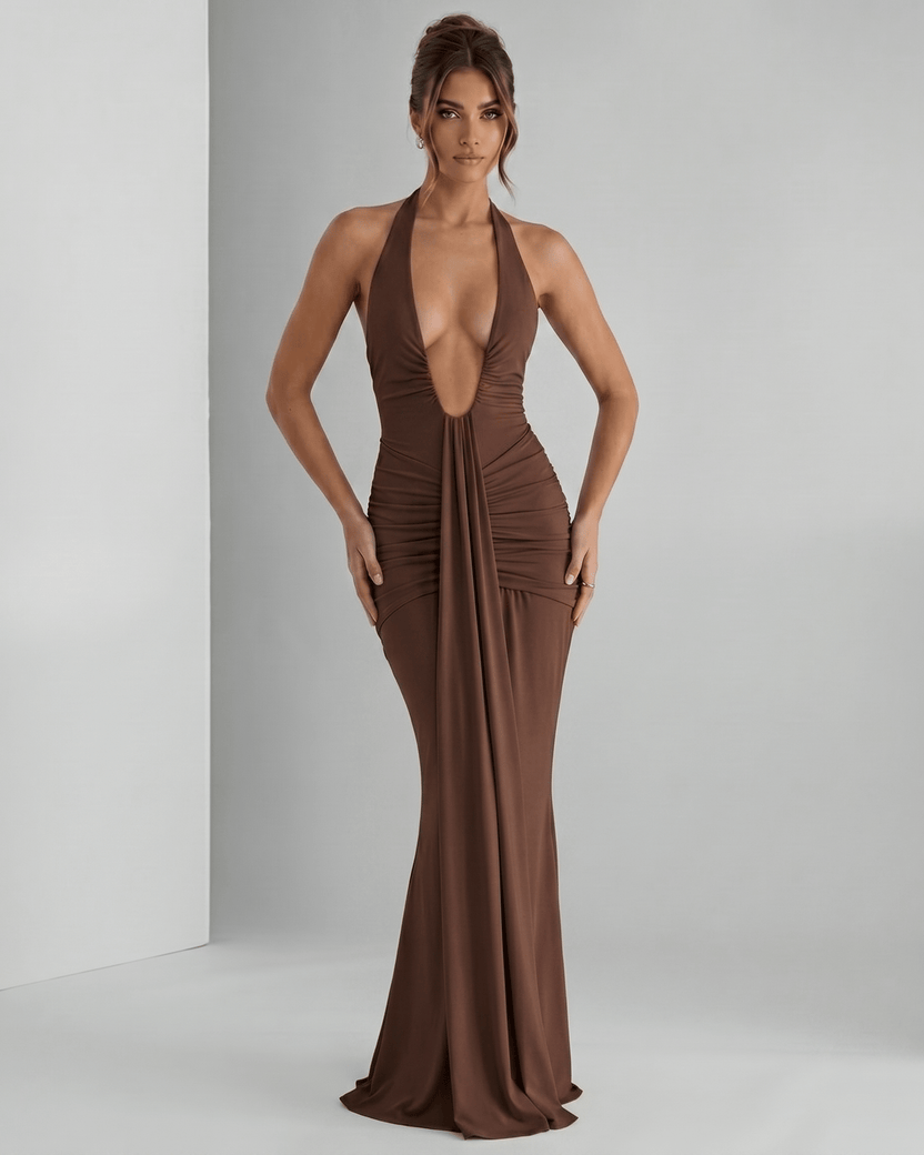 Aurelia Maxi Dress in smooth stretch jersey, halter neck, body-skimming fit with subtle ruching, by Lauven.