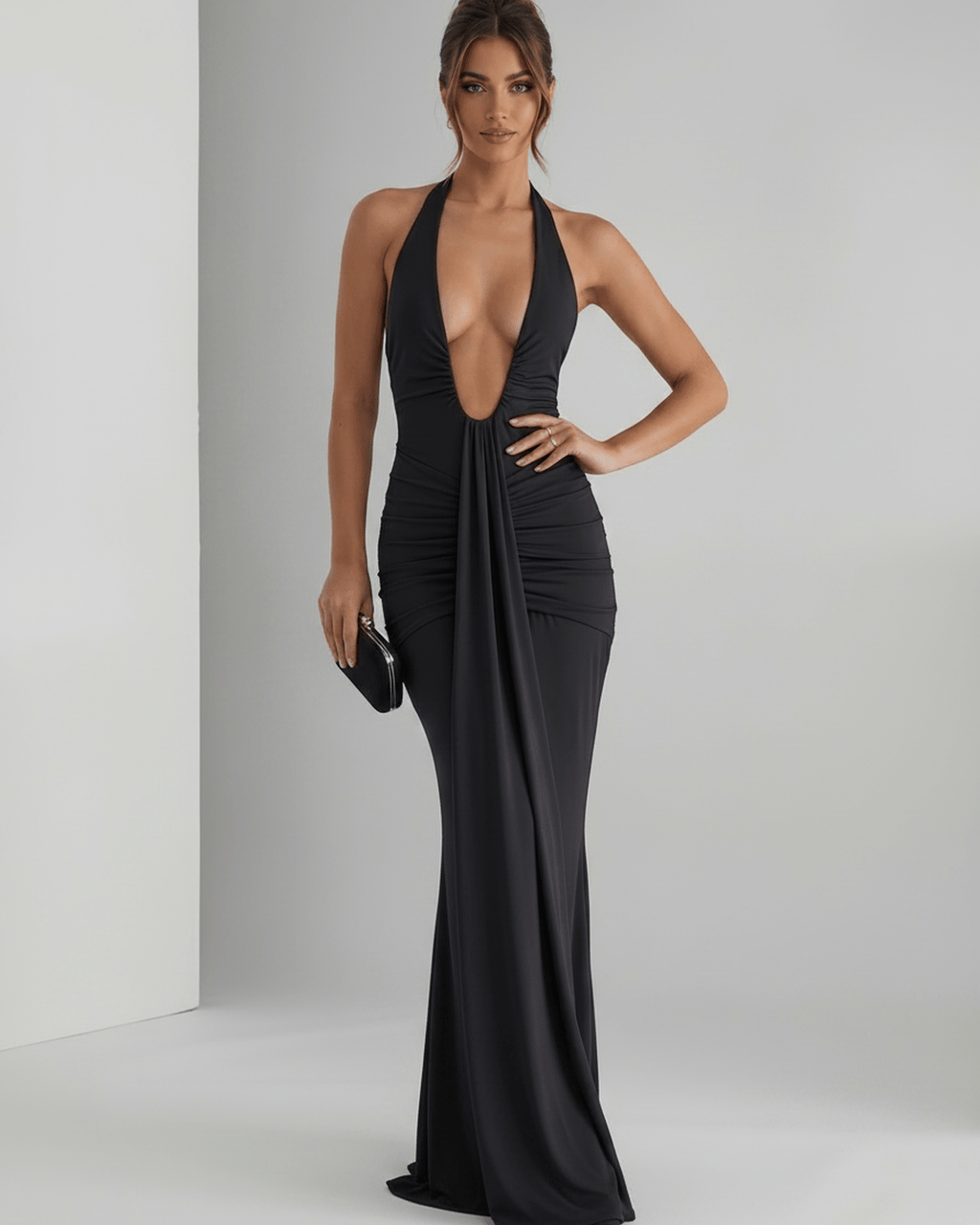Aurelia Maxi Dress featuring smooth stretch jersey, halter neck design, and body-skimming silhouette by Lauven.