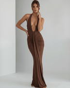 Aurelia Maxi Dress by Lauven, featuring stretch jersey, halter neck, and a sleek, body-skimming fit with ruching.
