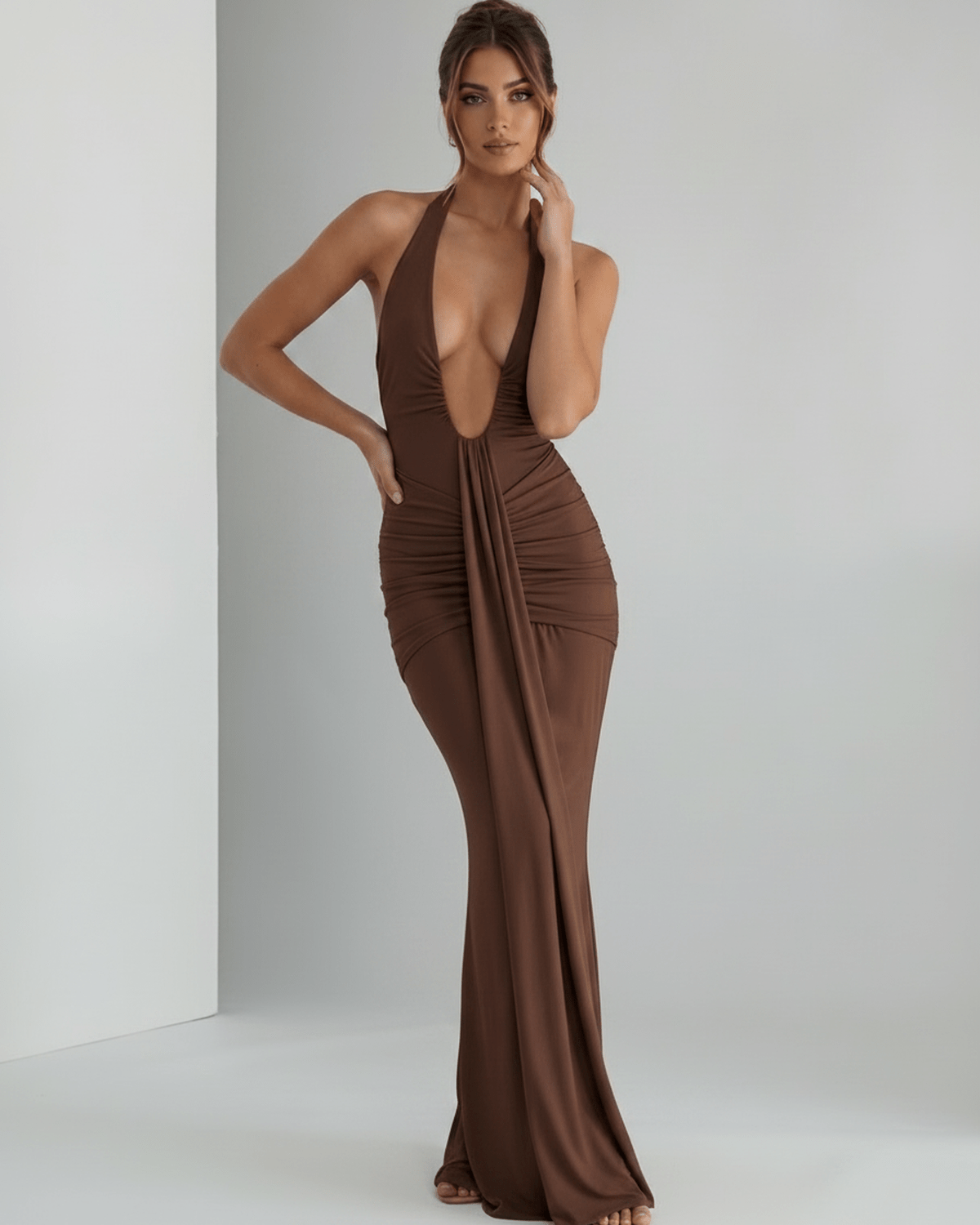 Aurelia Maxi Dress by Lauven, featuring stretch jersey, halter neck, and a sleek, body-skimming fit with ruching.