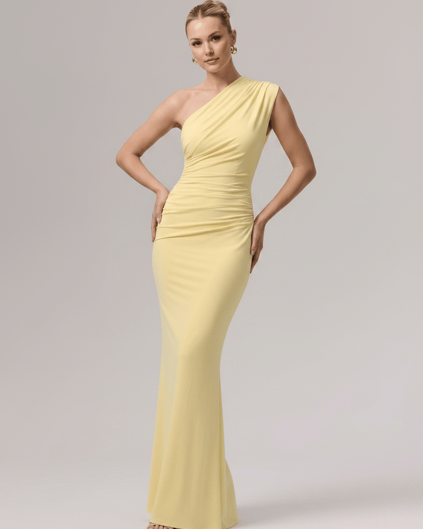 Aurelia Maxi Dress in soft yellow, one-shoulder design, smooth stretch jersey, elegant silhouette, by Lauven.