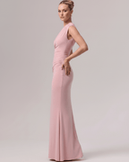 Aurelia Maxi Dress in soft pink stretch jersey, one-shoulder design, showcasing elegant silhouette and refined drape by Lauven.