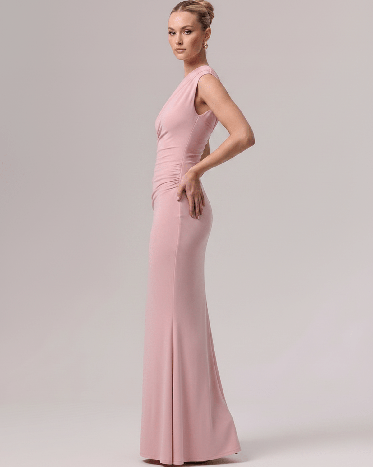 Aurelia Maxi Dress in soft pink stretch jersey, one-shoulder design, showcasing elegant silhouette and refined drape by Lauven.