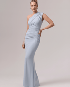 Aurelia Maxi Dress in light blue, one-shoulder design, crafted from stretch jersey for elegance and comfort by Lauven.