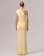 Aurelia Maxi Dress in smooth yellow stretch jersey, one-shoulder design with soft gathering for a refined silhouette by Lauven.