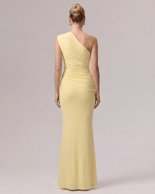 Aurelia Maxi Dress in smooth yellow stretch jersey, one-shoulder design with soft gathering for a refined silhouette by Lauven.