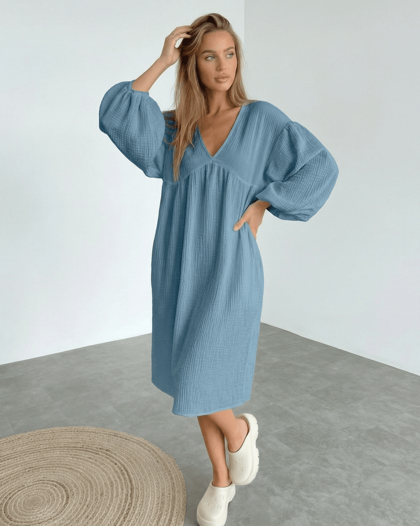 Aurelia Midi Dress - Blue Cotton Midi Dress with Puff Sleeve Elegance from Lauven, perfect blend of comfort and sophistication.