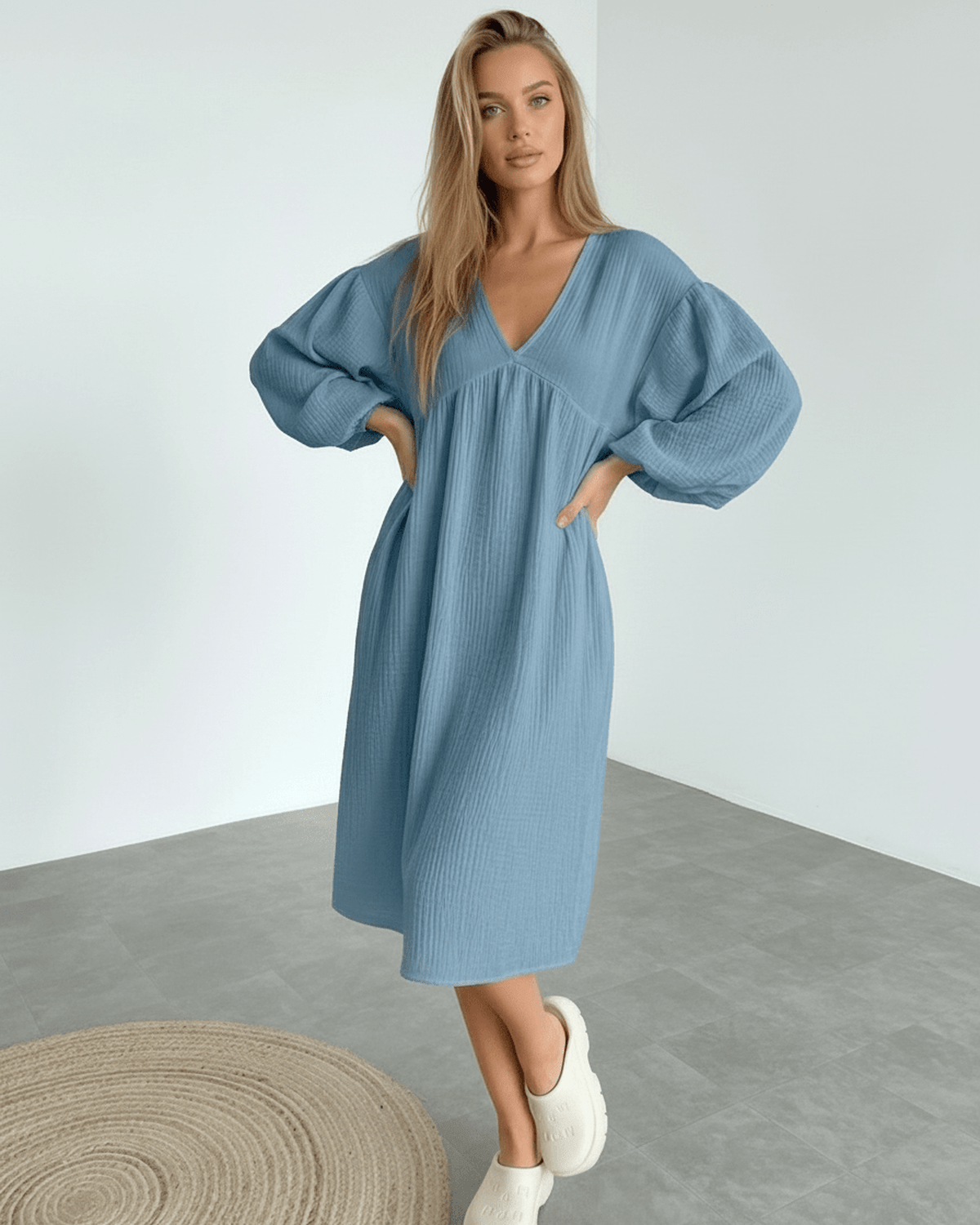 Aurelia Midi Dress featuring puff sleeves, elegant v neck design in breathable blue cotton by Lauven, perfect for effortless sophistication.