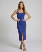 Aurelia Midi Dress by Lauven – Blue ribbed sleeveless midi dress with button front and front split.