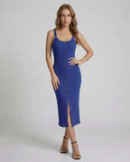 Aurelia Midi Dress by Lauven - Blue Ribbed Sleeveless Midi Dress with Button Front and Front Split