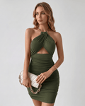 Aurelia Mini Dress in olive green, featuring stretch fabric, halter neckline, bodycon fit, and soft ruched detailing by Lauven.