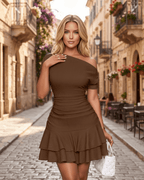 Aurelia Mini Dress in textured stretch fabric with asymmetrical neckline, ruched detailing and tiered ruffle hem by Lauven.