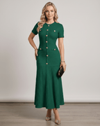 Aureline Maxi Dress in textured knit, featuring a round neck and elegantly flared hem by Lauven.