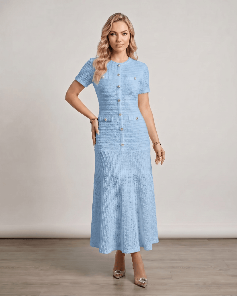 Aureline Maxi Dress by Lauven, textured knit, round neck, elegantly structured, light blue, gently flared hem.