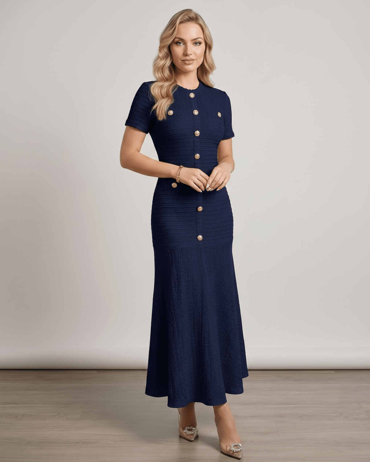 Aureline Maxi Dress by Lauven, textured knit with round neck and flared hem, showcasing elegance and fluid movement.