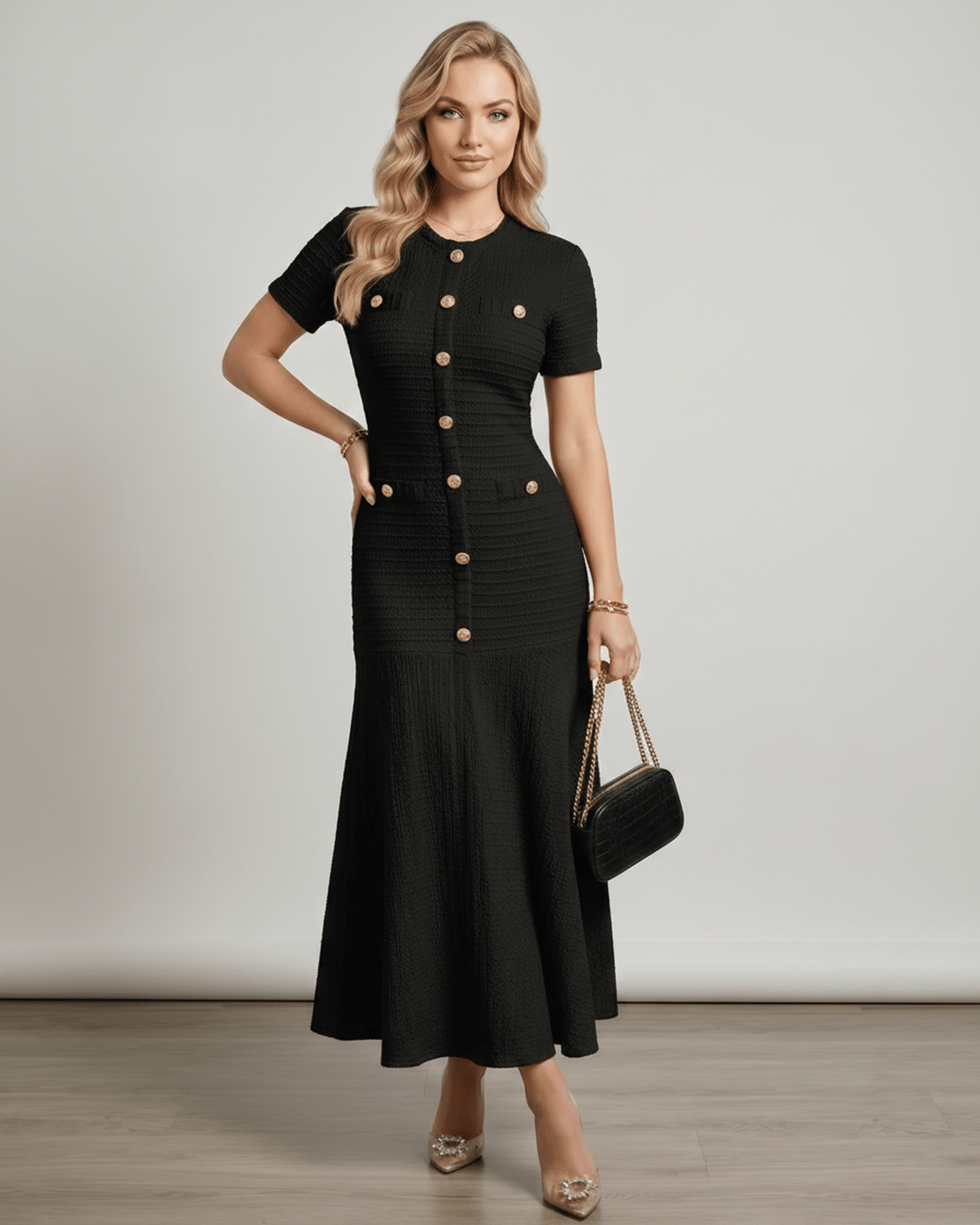 Aureline Maxi Dress by Lauven, textured knit, round neck, refined structure, gently flared hem, modern wardrobe essential.