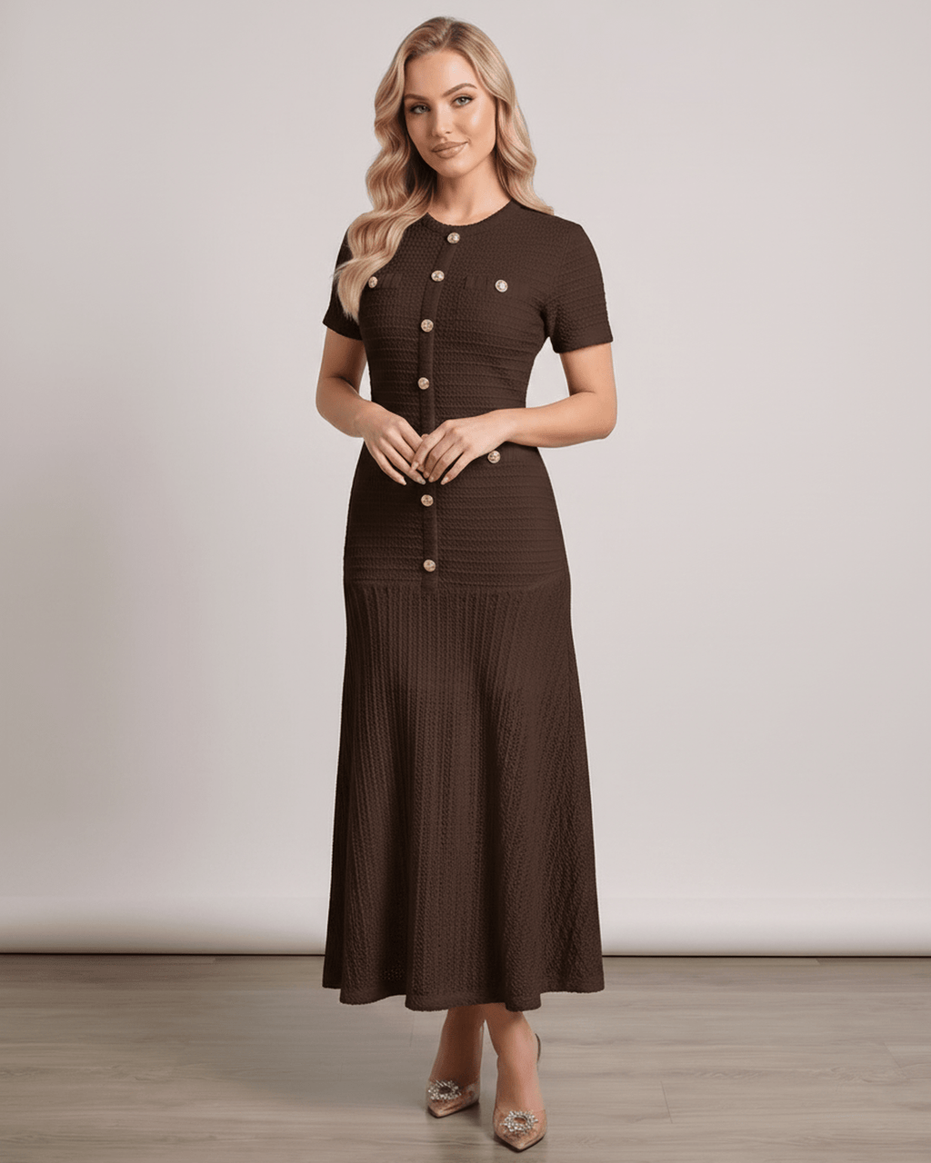 Aureline Maxi Dress by Lauven, textured knit with round neck and flared hem, offering a polished yet comfortable look.