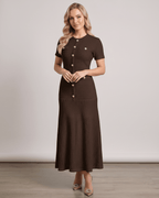 Aureline Maxi Dress by Lauven, textured knit with round neck and flared hem, offering a polished yet comfortable look.