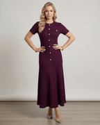 Aureline Maxi Dress in textured knit with round neck, flared hem, by Lauven, offering stylish and polished elegance.