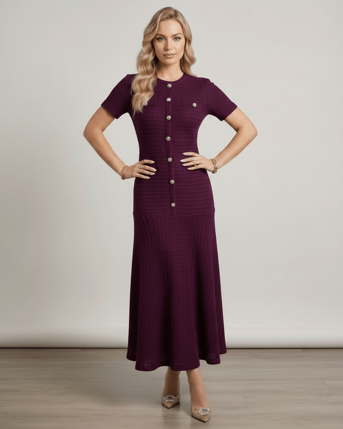 Aureline Maxi Dress in textured knit with round neck, flared hem, by Lauven, offering stylish and polished elegance.