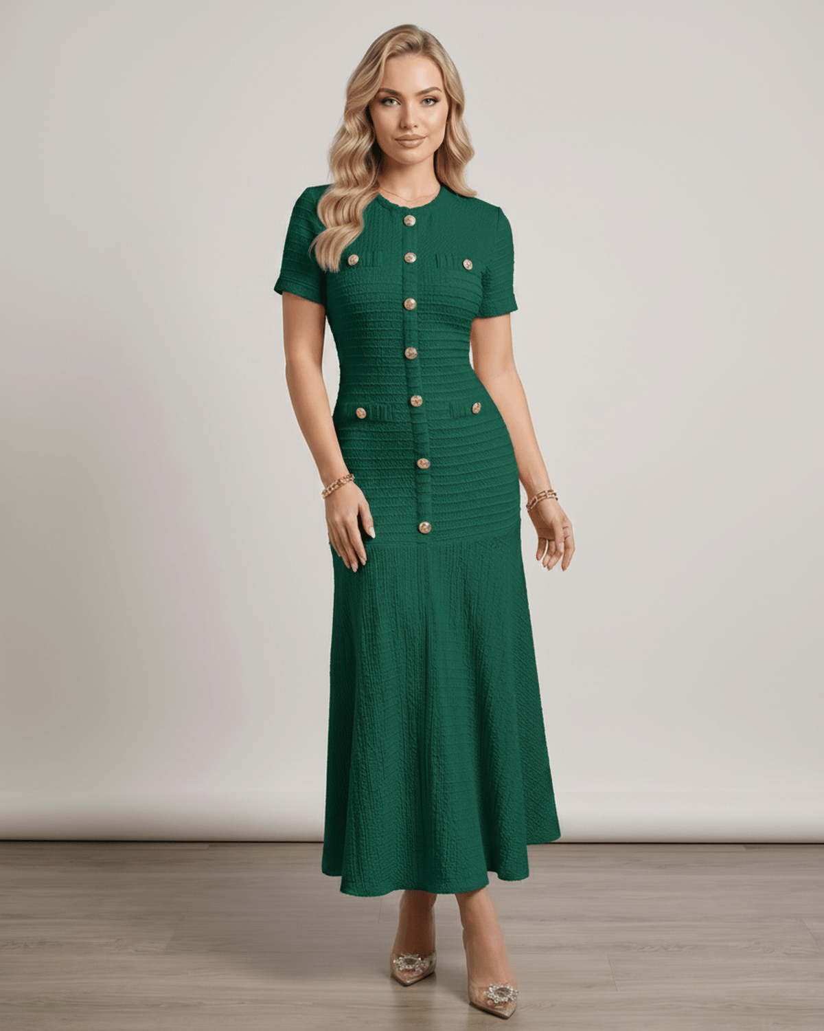 Aureline Maxi Dress by Lauven, featuring textured knit, round neck, and gentle flared hem for elegant style.