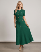 Aureline Maxi Dress in green textured knit with round neck and flared hem by Lauven, offering a polished look.
