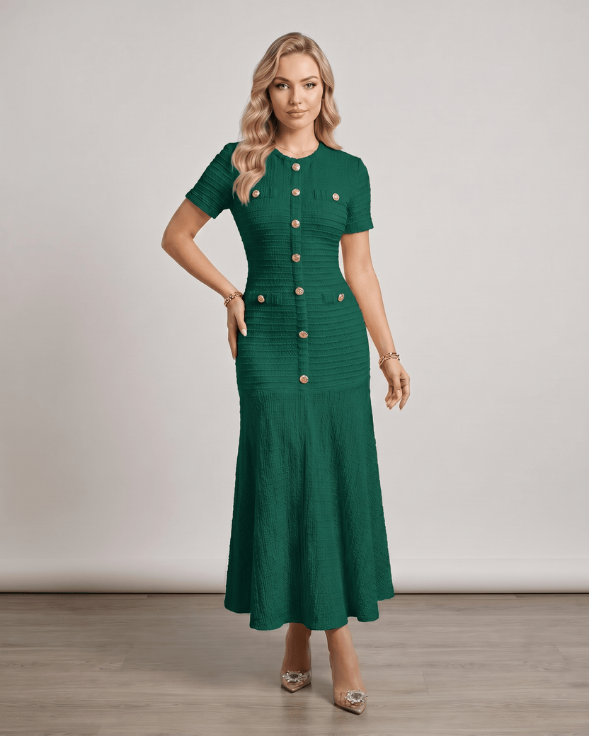 Aureline Maxi Dress in textured knit, featuring round neck, buttons, and flared hem by Lauven, designed for elegant modern style.