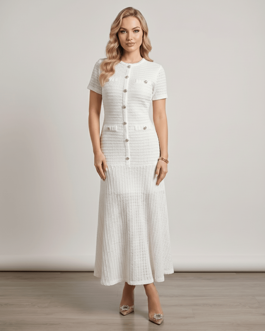 Aureline Maxi Dress by Lauven featuring a textured knit, round neck, and refined silhouette for elegant style.