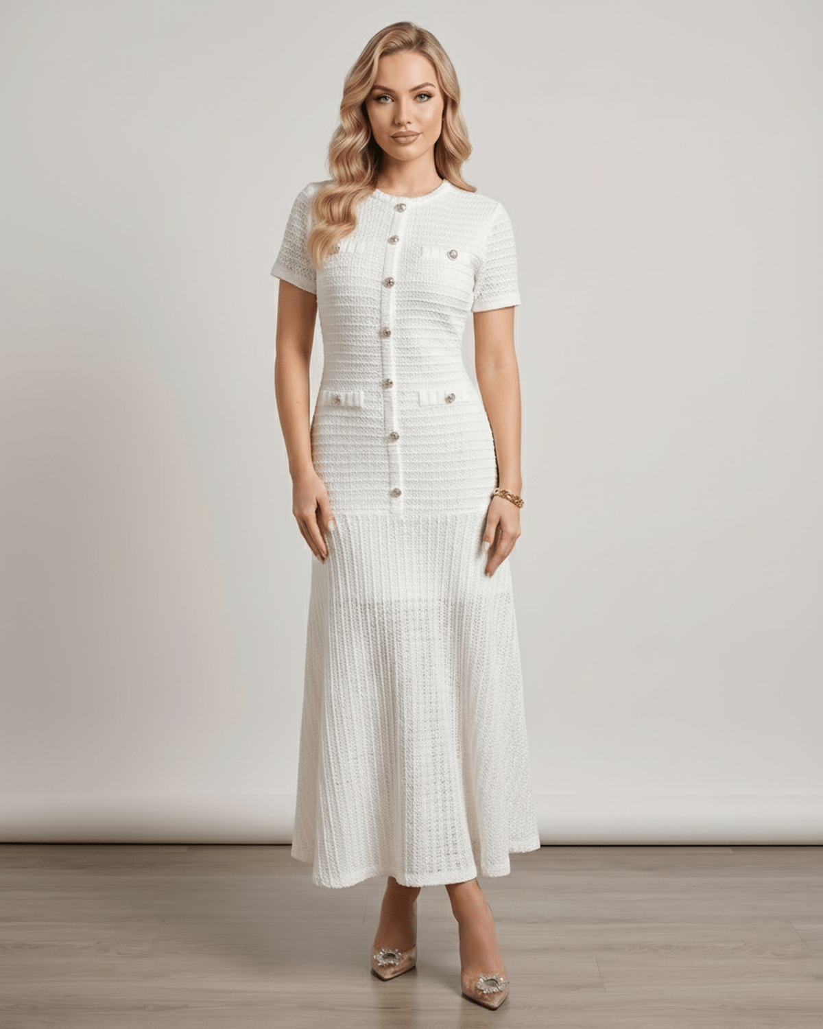 Aureline Maxi Dress by Lauven featuring a textured knit, round neck, and refined silhouette for elegant style.