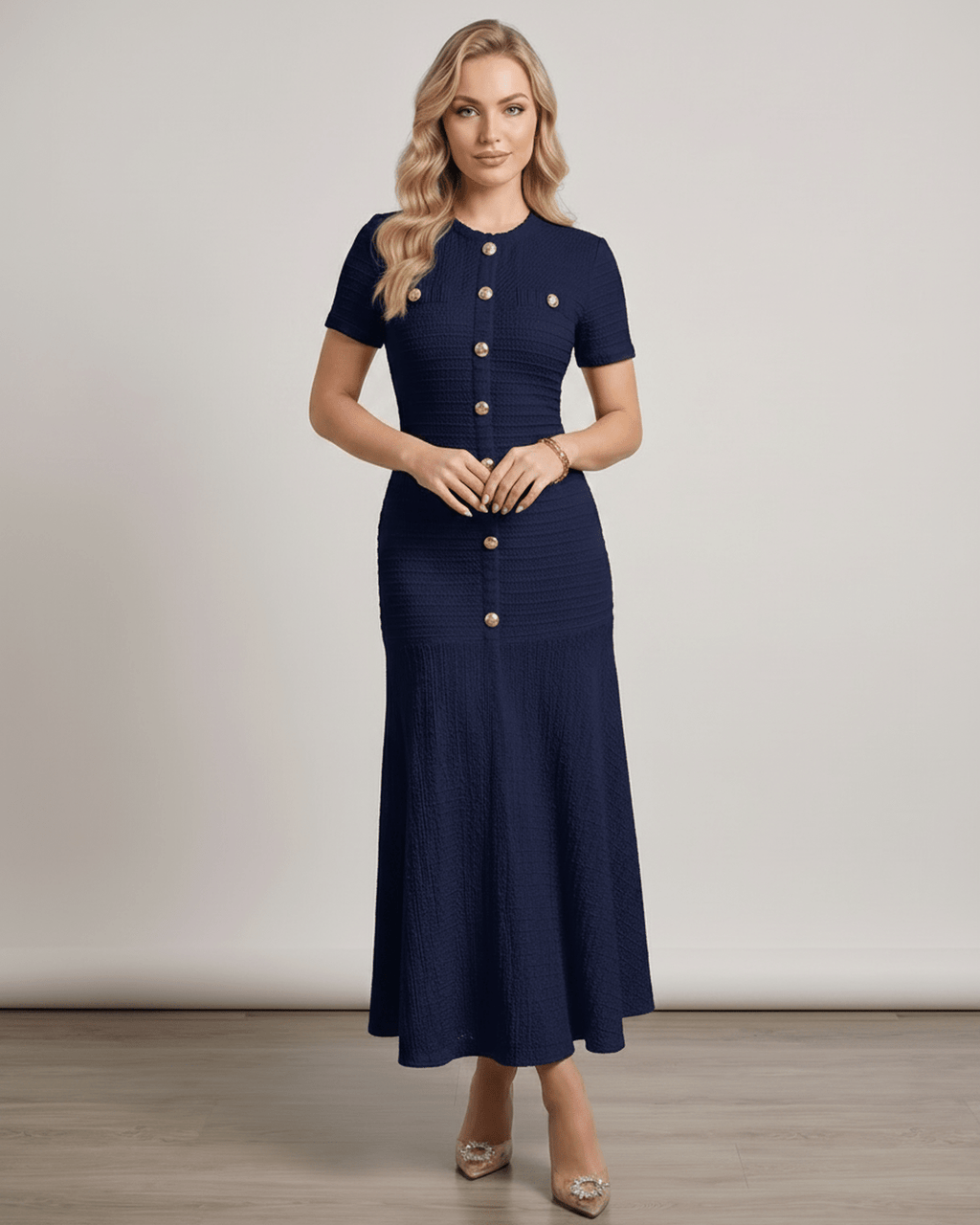 Aureline Maxi Dress by Lauven, textured knit, round neck, refined structure, flared hem, modern wardrobe essential.
