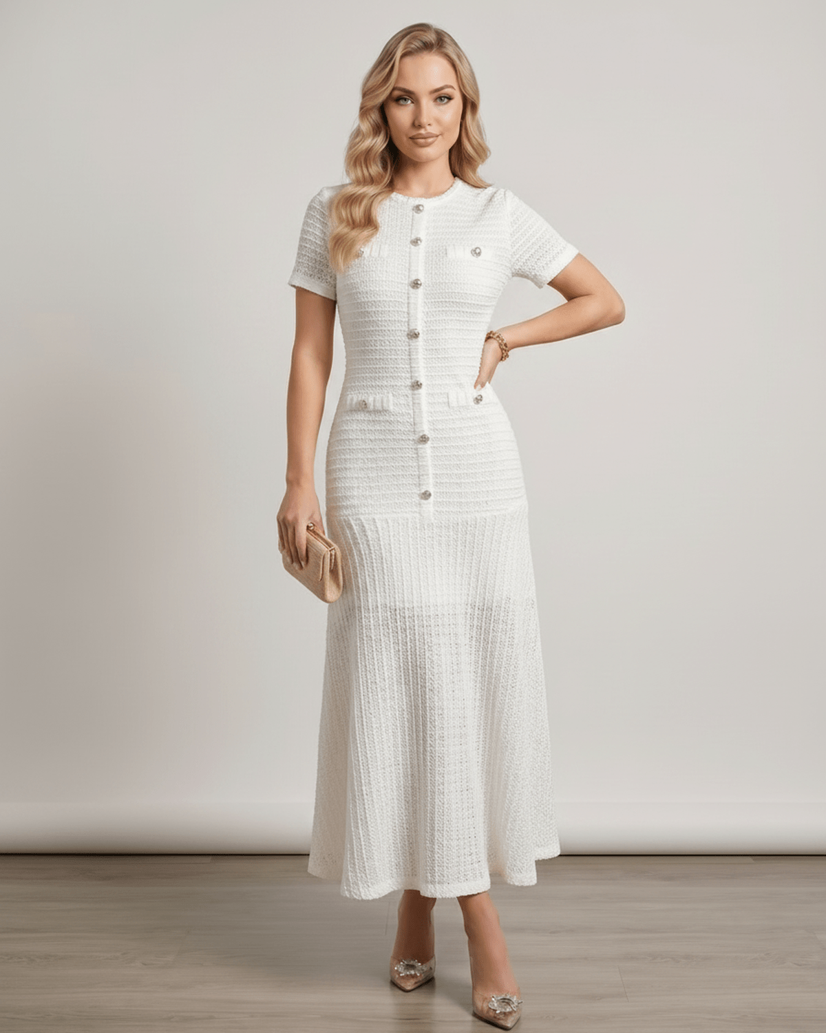 Aureline Maxi Dress from Lauven, featuring textured knit, round neck, and a softly contoured silhouette.