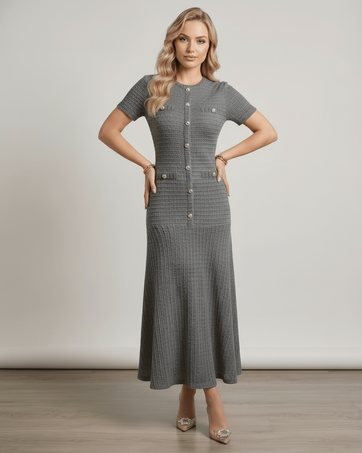 Aureline Maxi Dress by Lauven, textured knit, round neck design, tailored silhouette, full-length, and flared hem.