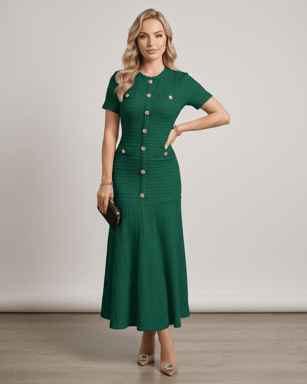 Aureline Maxi Dress featuring textured knit, round neck, and a flared hem by Lauven, offering a polished look.
