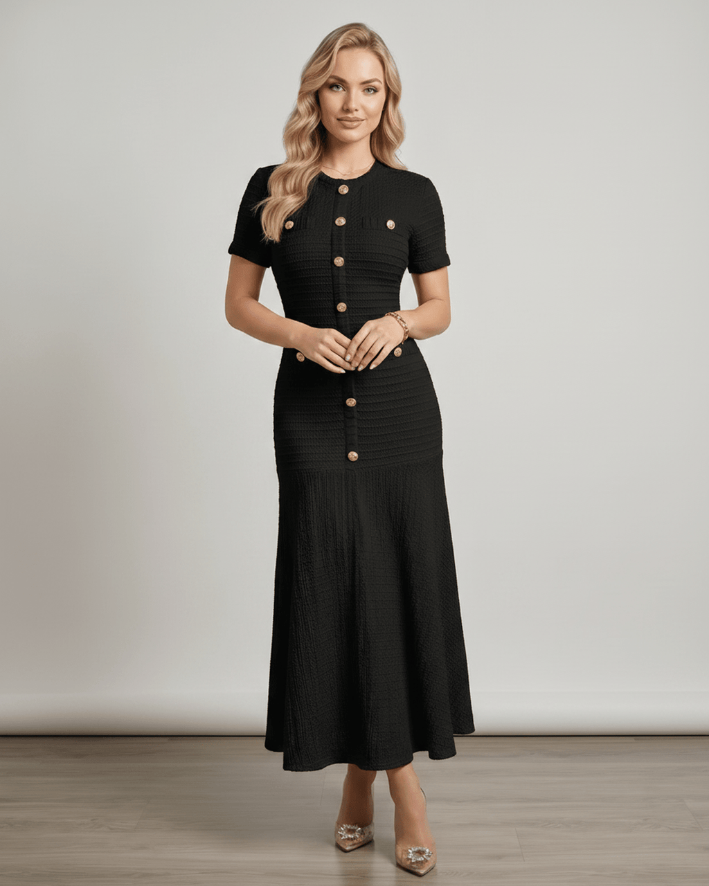 Aureline Maxi Dress by Lauven, textured knit with round neck, flared hem, and polished finish for modern women.
