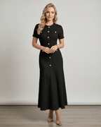 Aureline Maxi Dress by Lauven, textured knit with round neck, flared hem, and polished finish for modern women.
