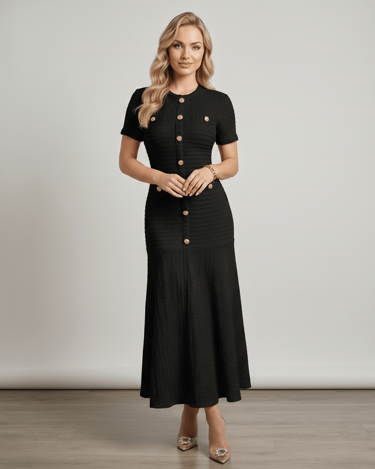 Aureline Maxi Dress by Lauven, textured knit with round neck, flared hem, and polished finish for modern women.