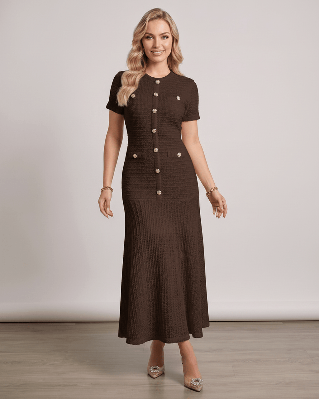 Aureline Maxi Dress in textured knit, featuring a round neck, refined silhouette, and flared hem by Lauven.
