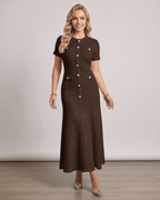Aureline Maxi Dress in textured knit, featuring a round neck, refined silhouette, and flared hem by Lauven.