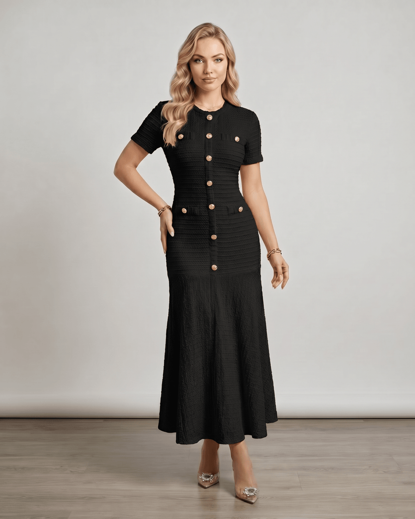 Aureline Maxi Dress by Lauven, textured knit with round neck, flared hem, and polished finish for modern elegance.