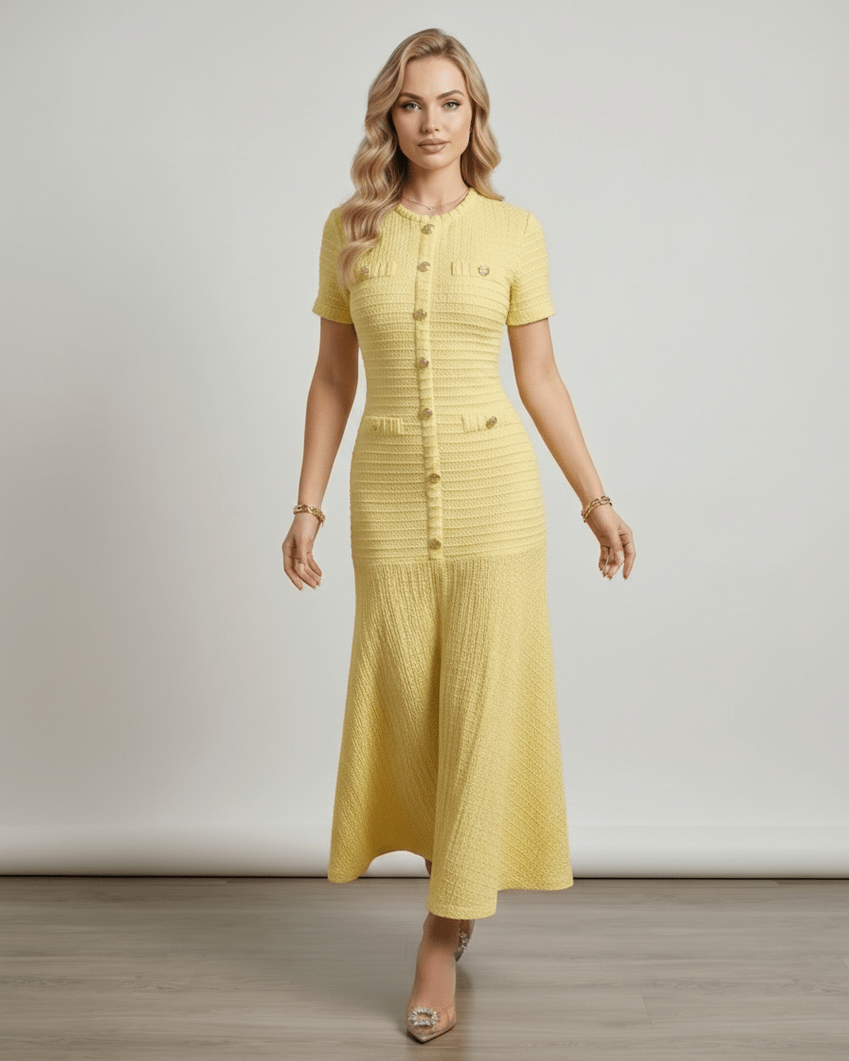 Aureline Maxi Dress in yellow, textured knit, round neck, flared hem, by Lauven for a chic and modern look.