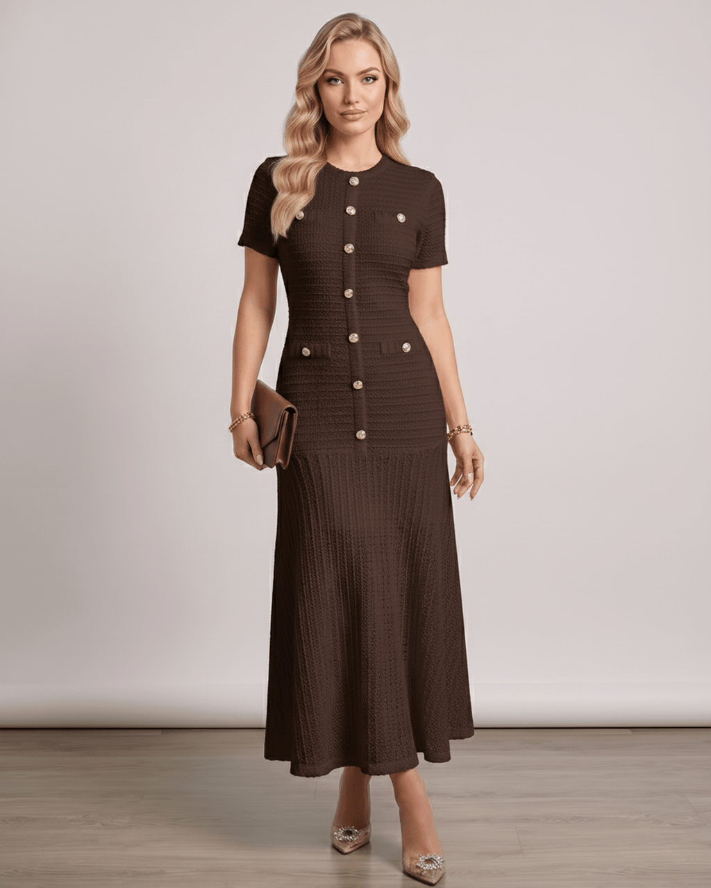 Aureline Maxi Dress by Lauven, textured knit with round neck, sophisticated silhouette and full-length, flared hem.
