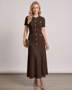 Aureline Maxi Dress by Lauven, textured knit with round neck, sophisticated silhouette and full-length, flared hem.
