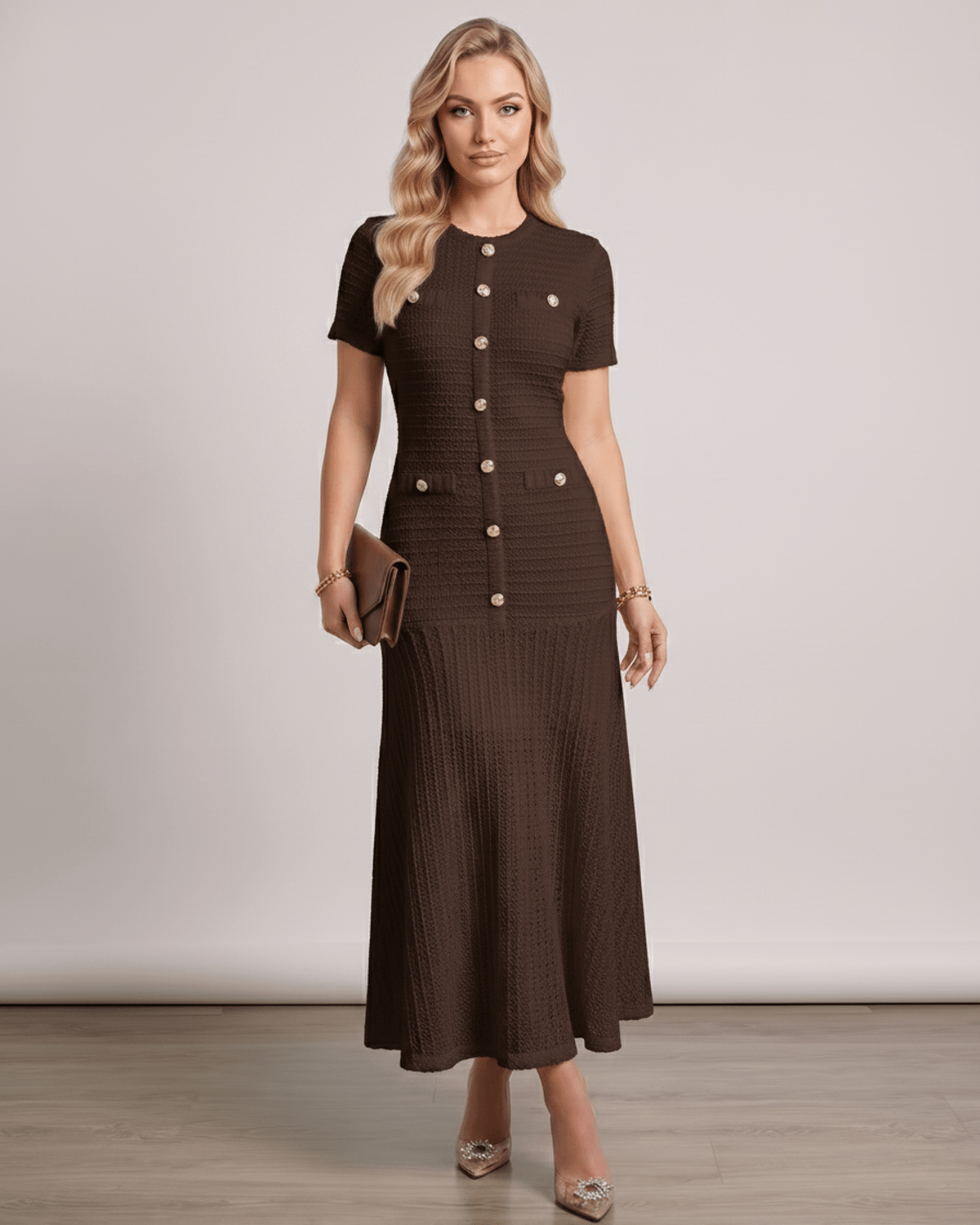Aureline Maxi Dress by Lauven, textured knit with round neck, sophisticated silhouette and full-length, flared hem.